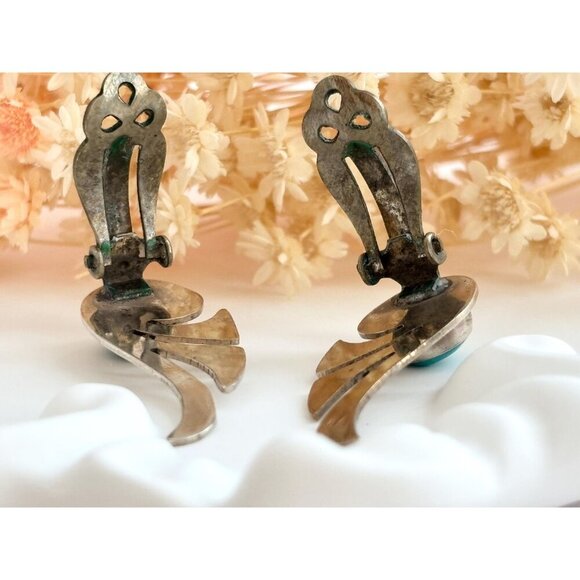Native American Silver T Pewter Vintage Turquoise Bezel Set Modernist Studs - Picture 6 of 10